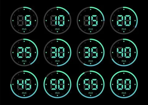 Timer, clock, stopwatch isolated set green gradient icons on black background Stock Illustration