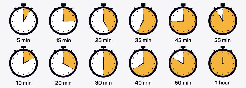 Timer, clock, stopwatch isolated set icons. Label cooking time. Vector Stock Illustration