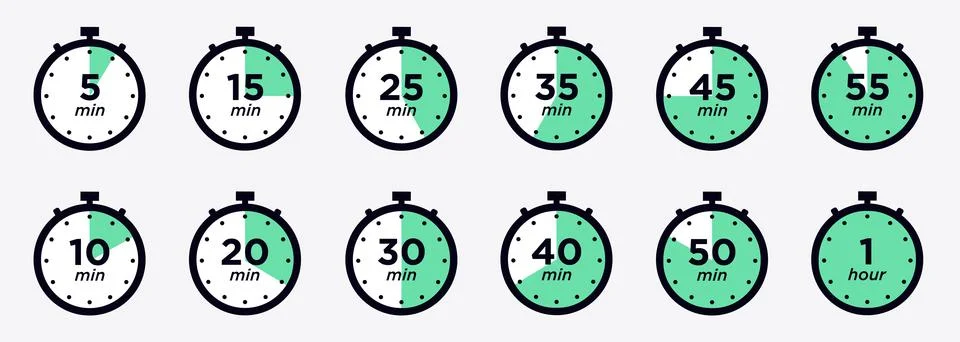Timer, clock, stopwatch isolated set icons. Label cooking time. Vector Stock Illustration