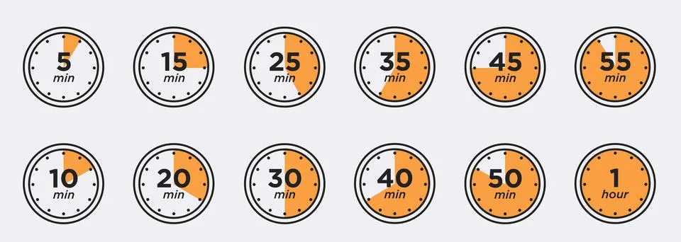 Timer, clock, stopwatch isolated set icons. Label cooking time. Vector Stock Illustration