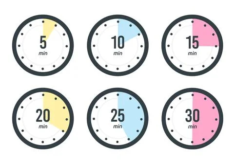 Timer, clock, stopwatch isolated set icons. 5, 10, 15, 20, 25, 30 min. Label Stock Illustration