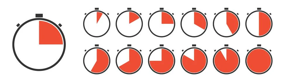 Timer, clock, stopwatch isolated set icons with different time. Countdown timer. Stock Illustration