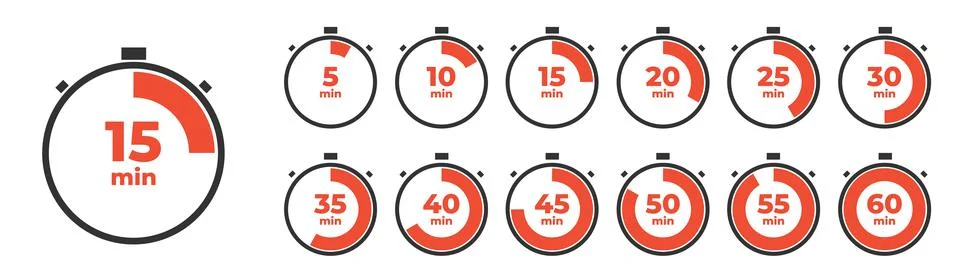 Timer, clock, stopwatch isolated set icons. Label cooking time. Illustrazione stock