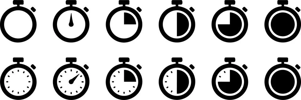 Timer, clock, stopwatch isolated set icons with different time. Countdown t.. Stock Illustration