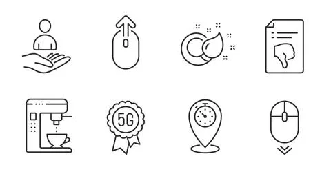 Timer, Coffee maker and Swipe up icons set. Scroll down, Thumb down and Illustrazione stock