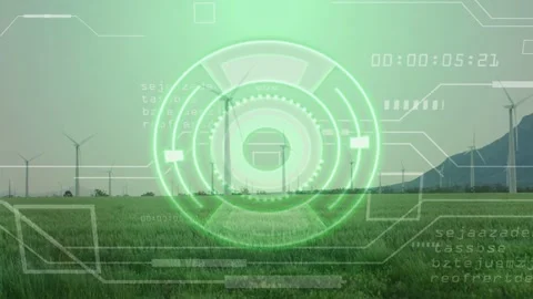 Timer counting from 00:00:00:11 while HUD pulsing and annotating wind turbines Stock Footage 332746799