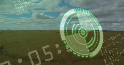 Timer counting seconds starting tech HUD scanning over prairie for survey as Stock Footage 330563569