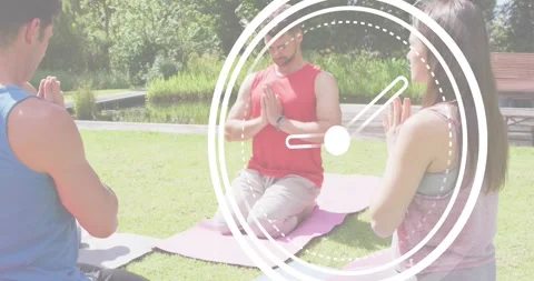 Timer fading and pulling camera back revealing yoga group kneeling as fourth Stock Footage 318070611