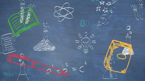 Timer flickering starting four colored icons entering and hovering chalk doodles Video stock 315535503