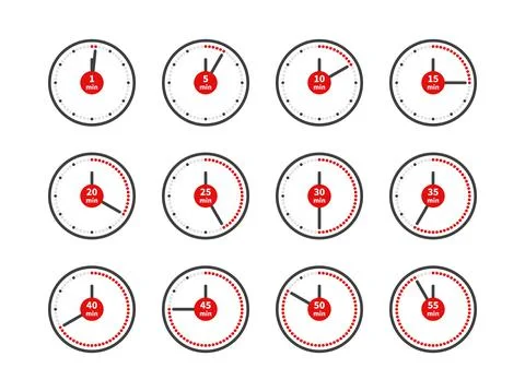 Timer icons. Analog clocks dial with red arrows different positions. Countdown イラスト素材