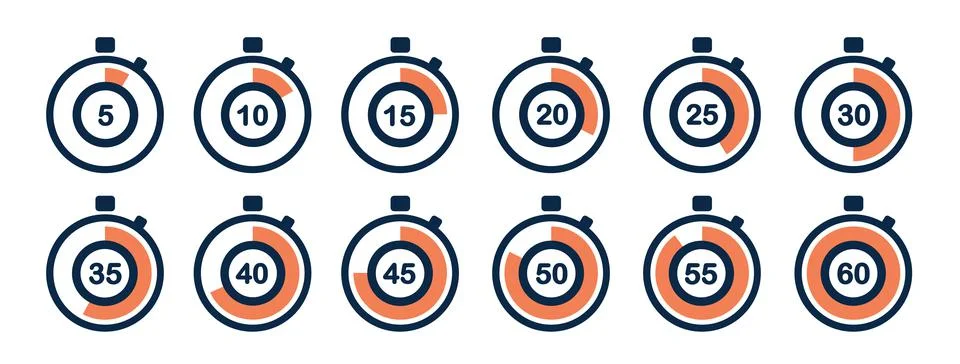 Timer icons on a white background. Countdown in the form of a timer. Stock Illustration