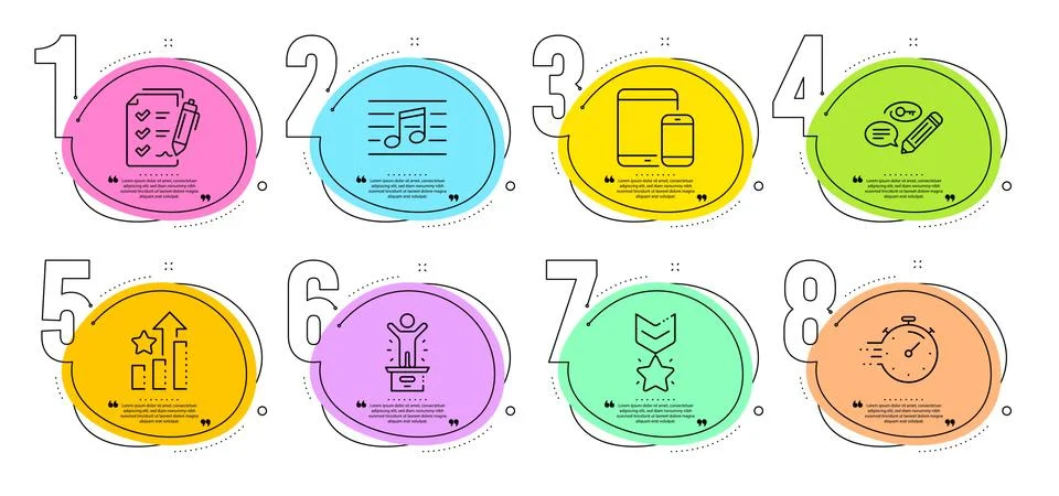 Timer, Musical note and Winner podium icons set. Ranking stars, Survey checklist Stock Illustration