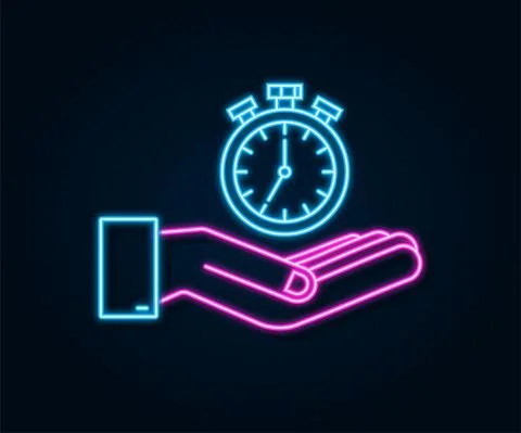 Timer neon icon in hands on dark background. Flat icon with timer. Business Illustrazione stock