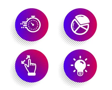 Timer, Pie chart and Touchscreen gesture icons set. Light bulb sign. Vector Stockillustratie