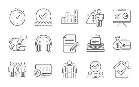 Timer, Presentation and Group icons set. Typewriter, Report statistics and Stock Illustration