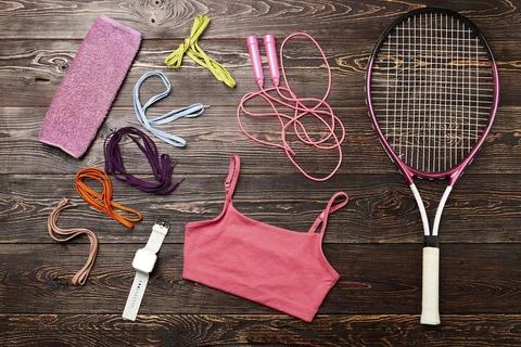 Timer, racket and tank top. Simple health life Foto stock