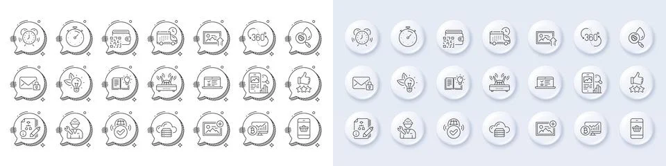Timer, Repairman and Product knowledge line icons. For web app, printing. Line Stock Illustration