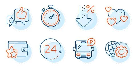 Timer, Seo gear and Low percent icons set. 24 hours, Bus parking and Like signs Stock Illustration