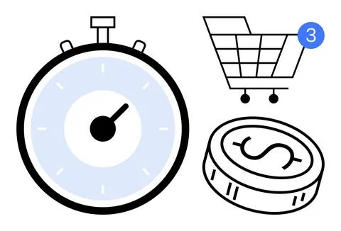 Timer, shopping cart with 3 notifications, and dollar coin symbolizing quick  Stock Illustration