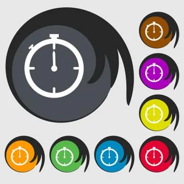 Timer sign icon. Stopwatch symbol. Symbols on eight colored buttons. Vector Stock Illustration