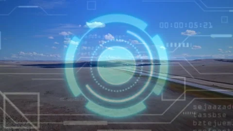 Timer starting, blue HUD spinning, markers moving while camera nearing road, Stock Footage 332746795