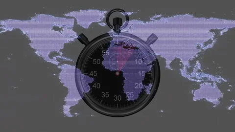 Timer starting, hand sweeping map, red highlighting West Africa, morphing grid Stock Footage 317206843