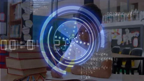 Timer starting while boy writing in classroom, HUD pulsing, boy raising hand to Stock Footage 329533811