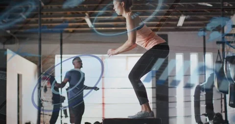 Timer starting, woman doing plyo-box jumps for fitness, man jump-roping, blue Stock Footage 323408496