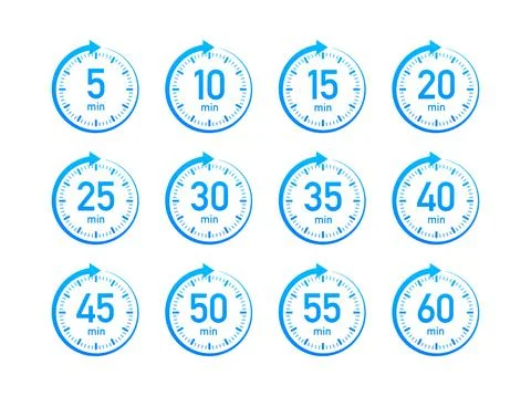 Timer, stopwatch icons set 10 20 30 40 50 60 minutes. Cooking time. Stock Illustration