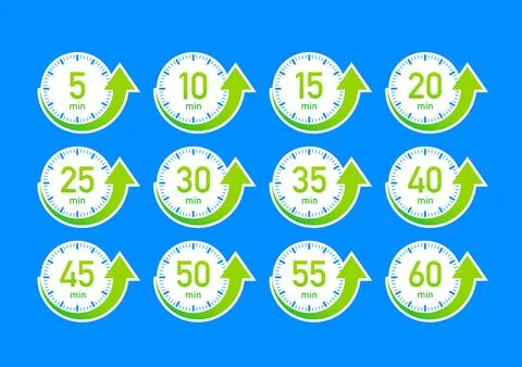 Timer, stopwatch icons set 10 20 30 40 50 60 minutes. Cooking time. Illustrazione stock