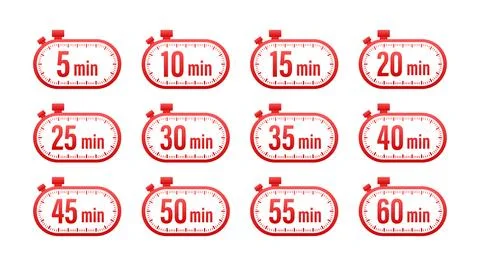 Timer, stopwatch icons set 10 20 30 40 50 60 minutes. Cooking time. Stock Illustration