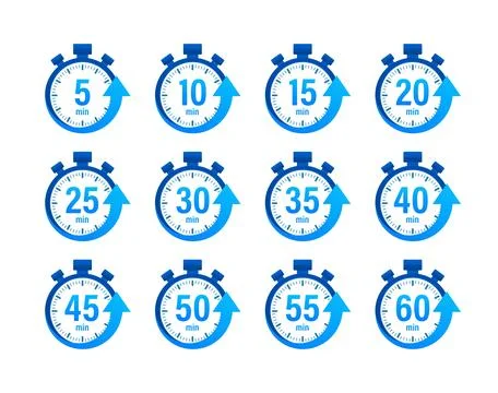 Timer, stopwatch icons set 10 20 30 40 50 60 minutes. Cooking time. Stock Illustration