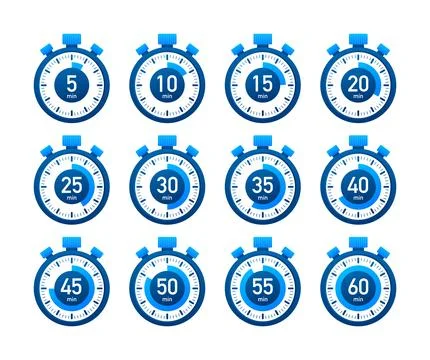 Timer, stopwatch icons set 10 20 30 40 50 60 minutes. Cooking time. Stock Illustration