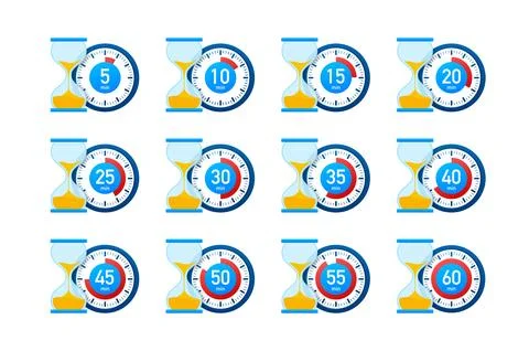 Timer, stopwatch icons set 10 20 30 40 50 60 minutes. Cooking time. Stock Illustration
