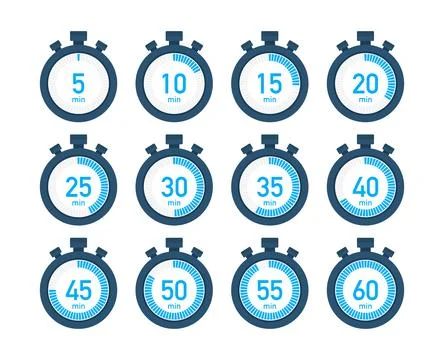 Timer, stopwatch icons set 10 20 30 40 50 60 minutes. Cooking time. Stock Illustration