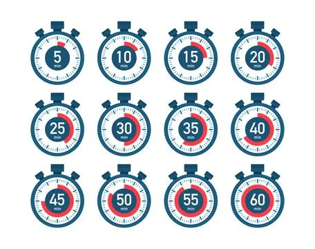 Timer, stopwatch icons set 10 20 30 40 50 60 minutes. Cooking time. Stock Illustration