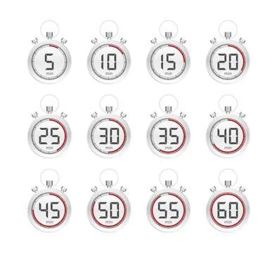 Timer, stopwatch icons set 10 20 30 40 50 60 minutes. Cooking time. Stock Illustration