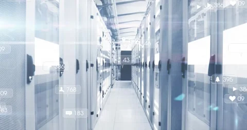 Timer-triggered metric icons fading and drifting along server racks, visualizing Stock Footage 317206873