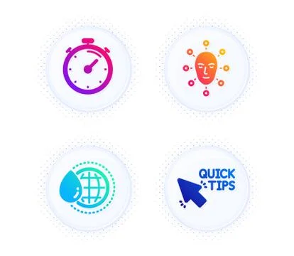 Timer, World water and Face biometrics icons set. Quick tips sign. Vector Stock Illustration