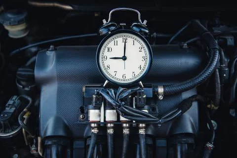 Times clock with car engine LPG Gas background. Fotos de archivo