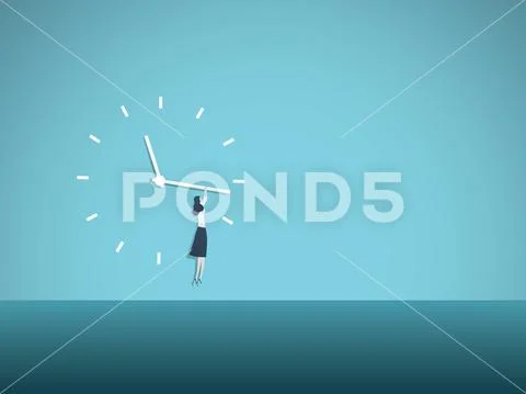 Time's up movement vector illustration concept with woman hanging on clock face Stock Illustration
