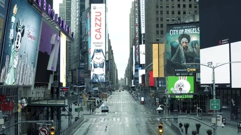 Times Square cold lonely empty Covid pandemic lockdown street NYC Stock Footage