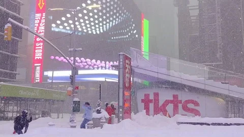 Times Square during snow storm on East Coast, New York City. Nor'easter Blizzard Stock Footage 147681862