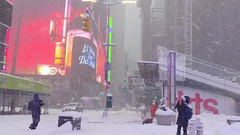 Times Square during snow storm on East Coast, New York City. Nor'easter Blizzard Stock Footage 147684013