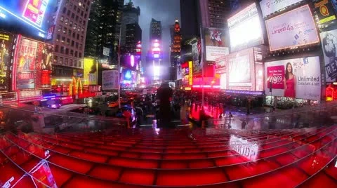 Times Square, Neon lights at night, New York City, USA Stock Footage