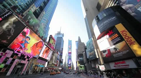 Times Square New York City super wide morning day taxi cab cars Stock Footage