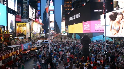 Times Square New York Night People Crowd Landmark Tourist Advertising Manhattan  Stock Footage