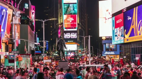 Times Square Time Lapse View at Night, Manhattan, New York City, USA - Zoom Out Stock Footage 64977326