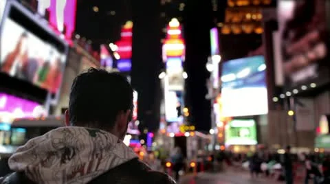 Times Square Tourist Takes Picture Manhattan New York City NYC USA Night Stock Footage