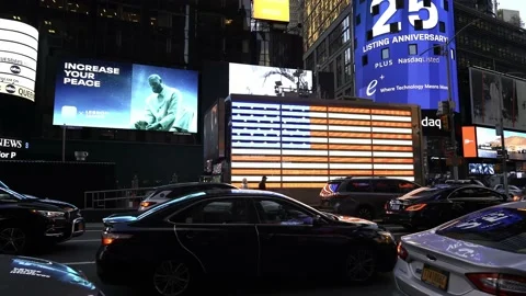Times Square, traffic jam in Manhattan, people visiting famous landmark in NY Stock Footage 200319899